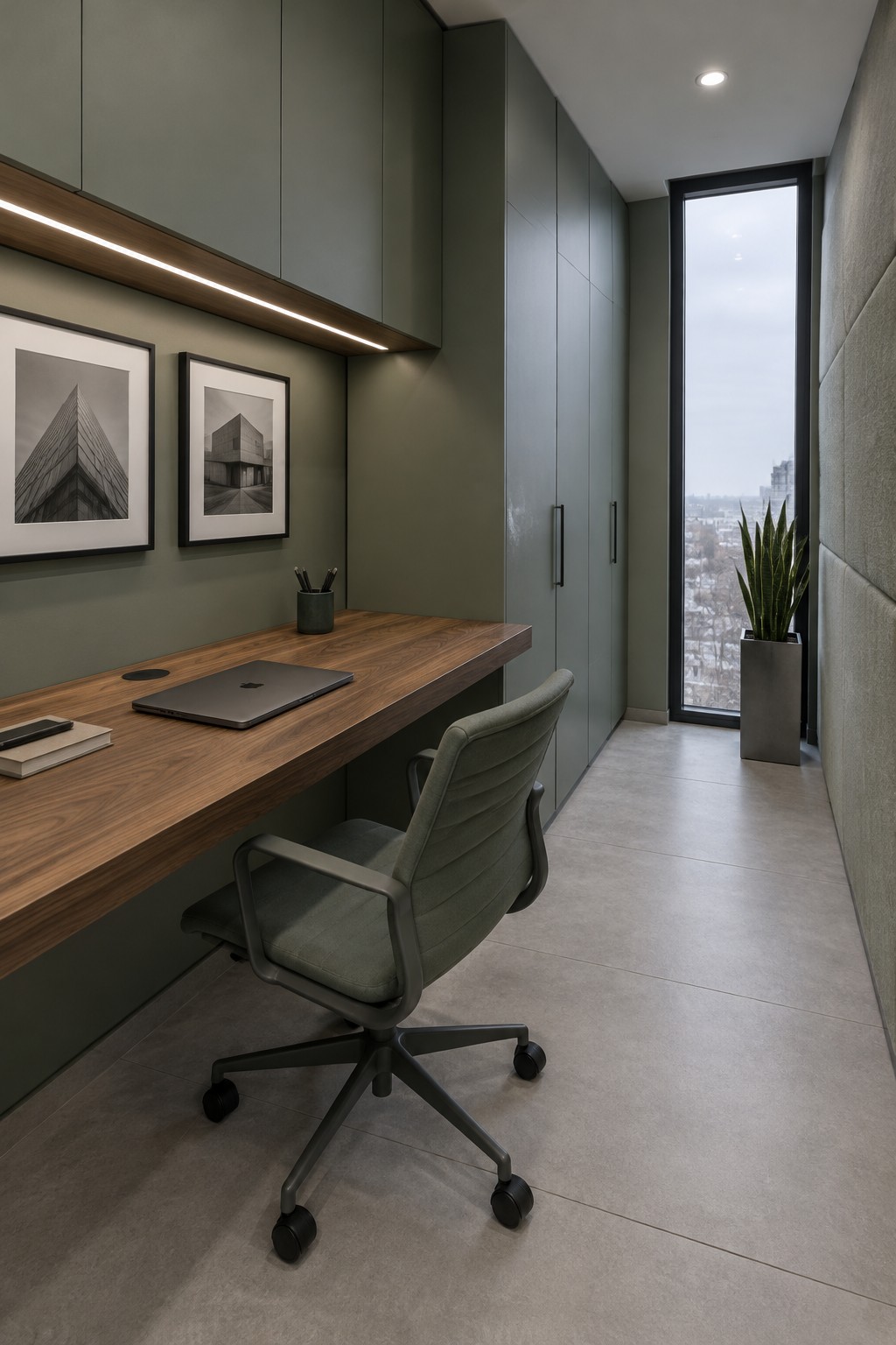 A narrow home office with sage green walls, a long wooden desk, a green office chair, framed black and white prints, and tall built-in cabinets next to a tall window.