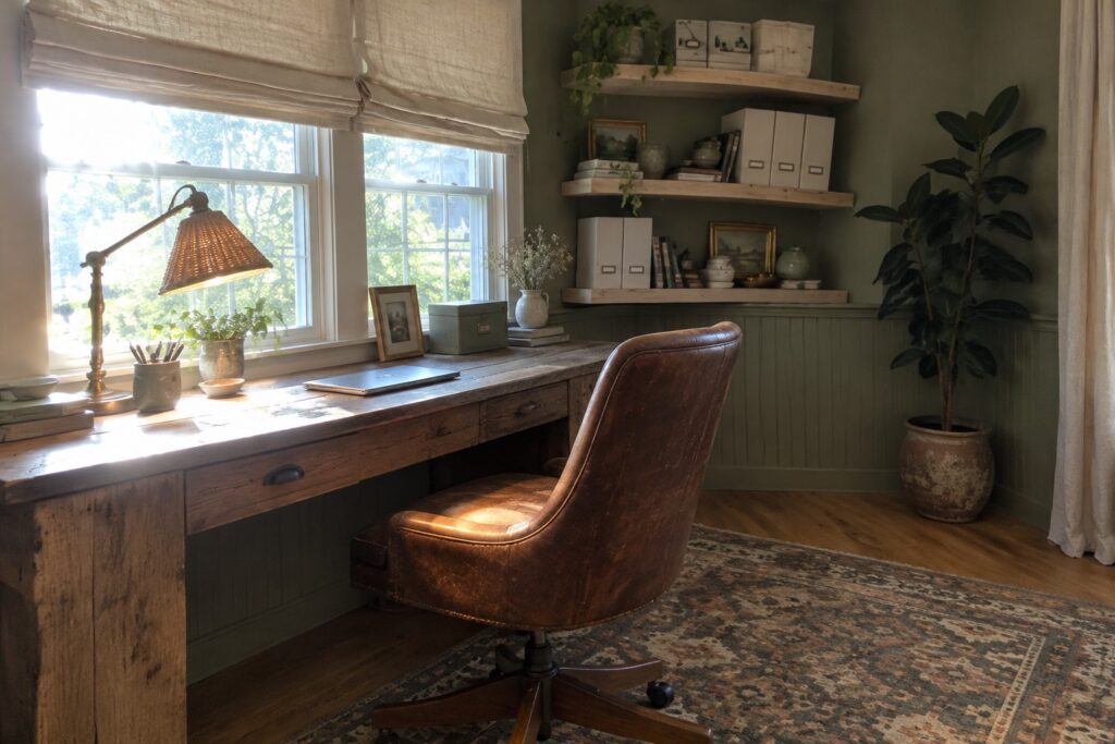 Rustic wooden desk with laptop, lamp, and brown leather swivel chair by window