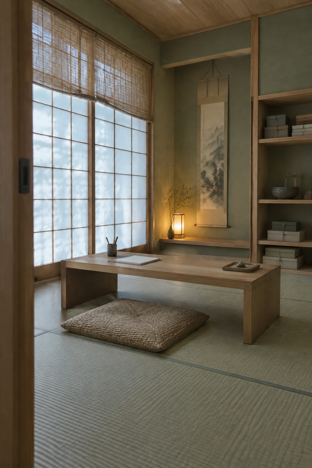 Traditional Japanese room with tatami mats, low table, cushion, shoji screens, and hanging scroll