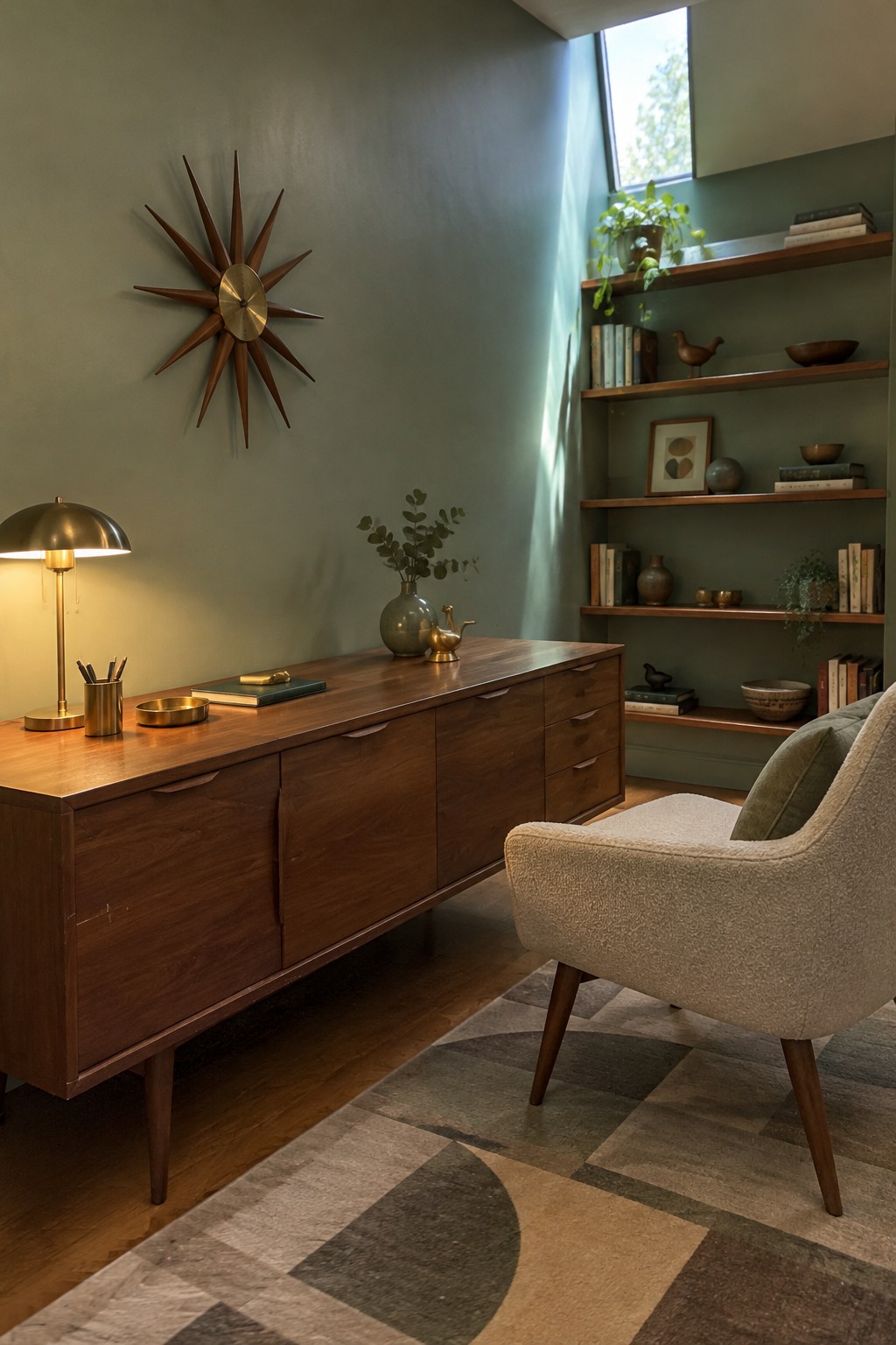 A home office with sage green walls, a long wooden credenza desk, floating wooden shelves holding books and decor, a starburst clock, and a beige armchair on a patterned rug.
