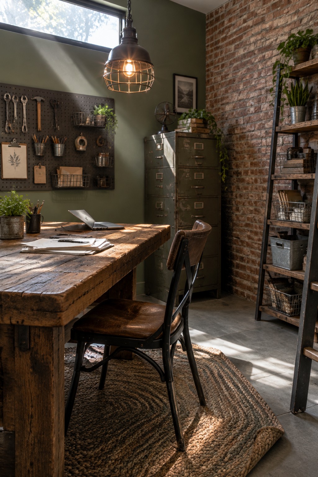 A home office with sage green walls, a large wooden desk, a brown leather chair, an industrial pendant light, a pegboard with tools, and a green filing cabinet beside a brick wall.