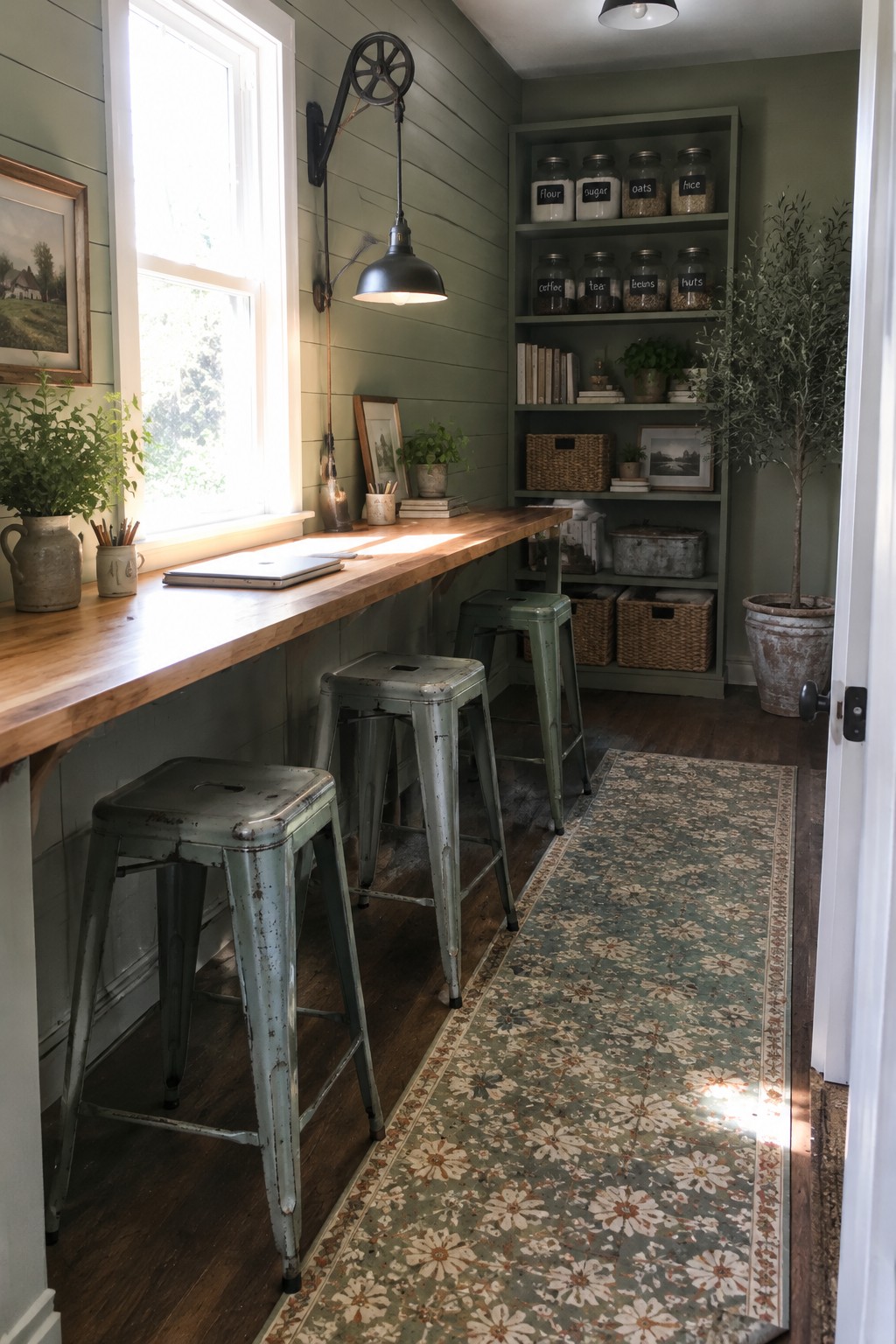 A narrow home office with sage green walls, a long wooden desk under a window, three metal stools, and open shelving holding labeled jars and books.