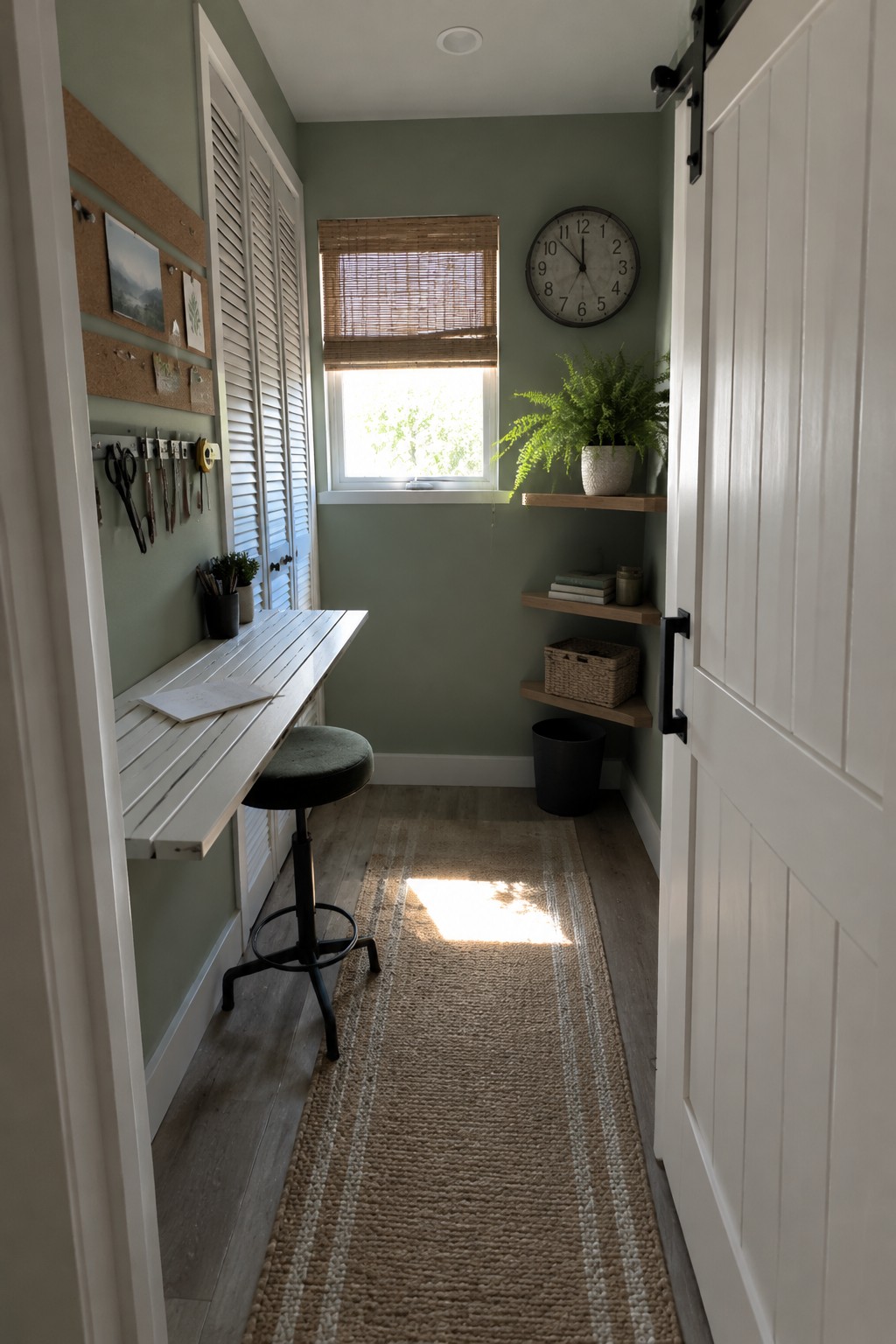 A narrow home office with sage green walls, a long white desk along one side, a black stool, and a window with bamboo blinds.