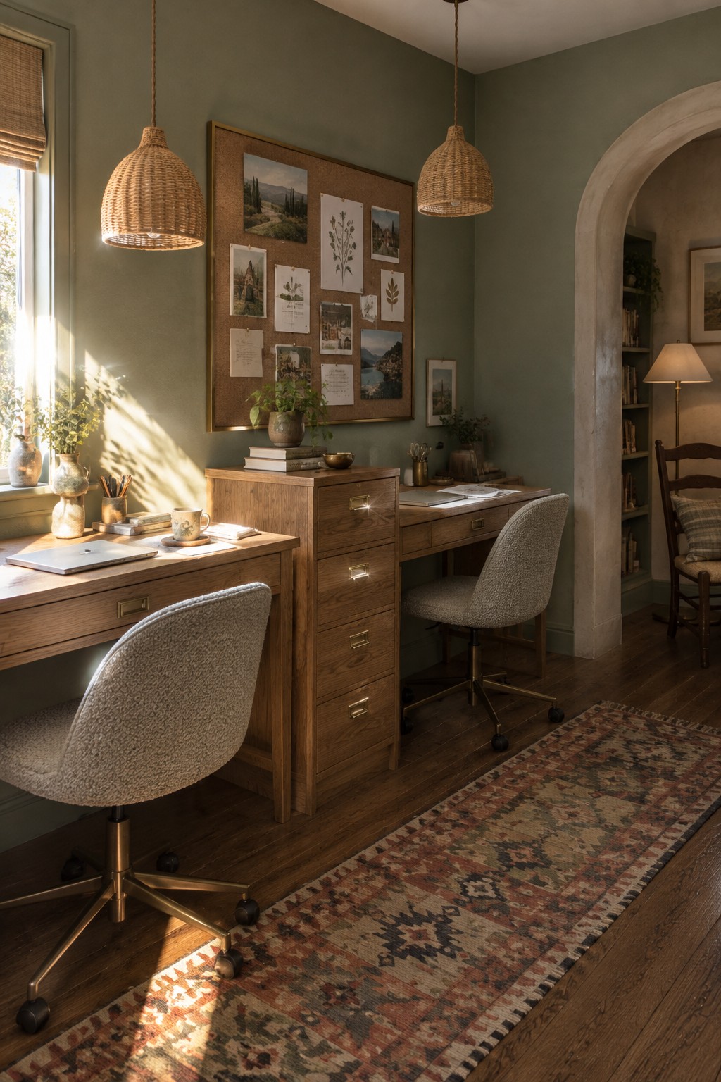 A home office with sage green walls, a wooden desk and filing cabinet, two upholstered swivel chairs, woven pendant lights, and a large corkboard with prints and photos.