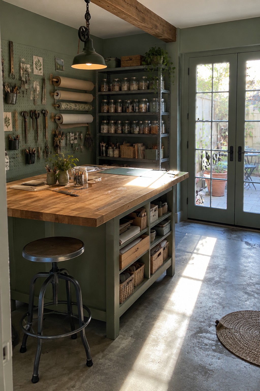 A home office with sage green walls, a large wooden work table, a pegboard tool wall, and metal shelves holding glass jars.