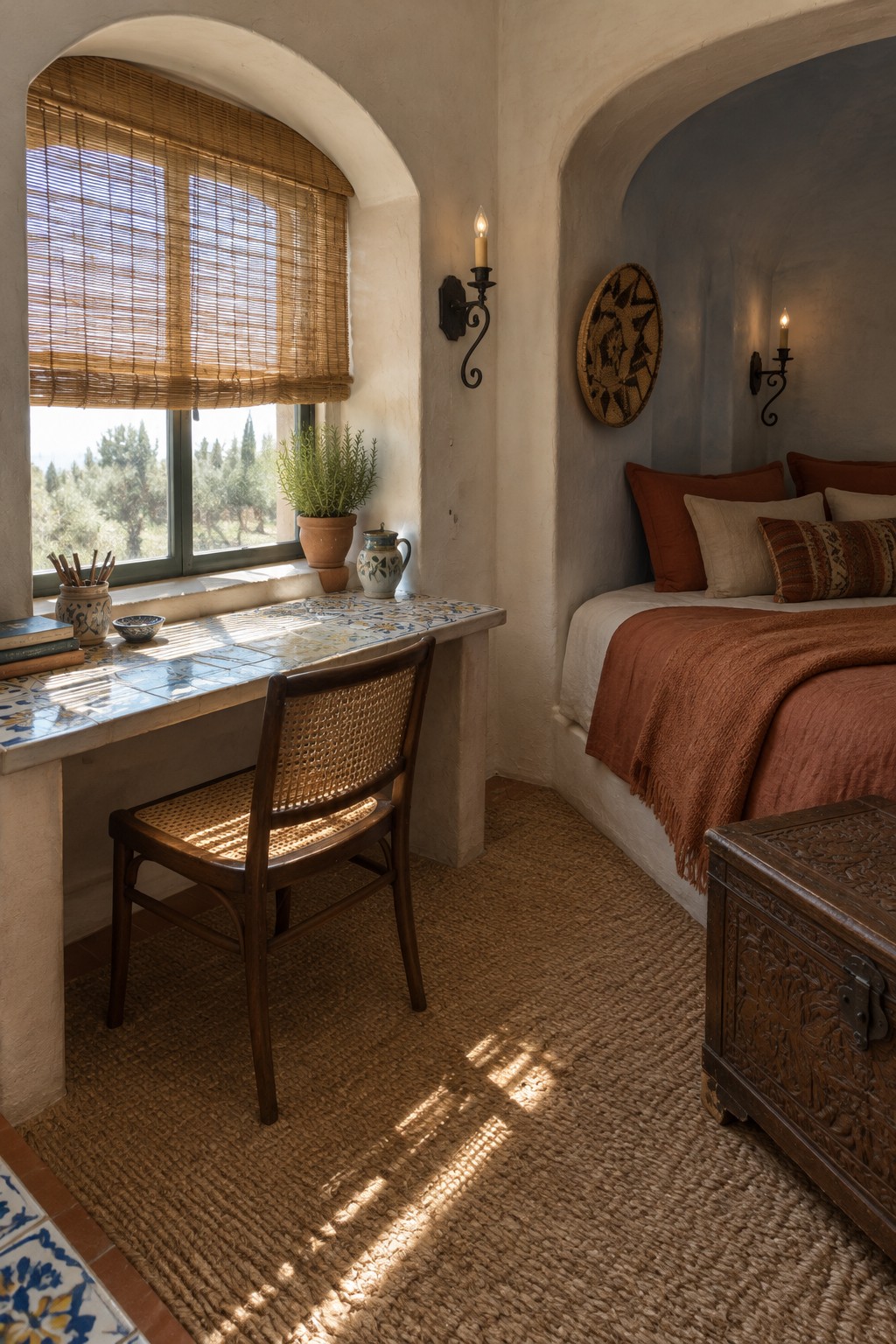 Sunlit rustic room with arched window tiled desk cane chair and terracotta bedding