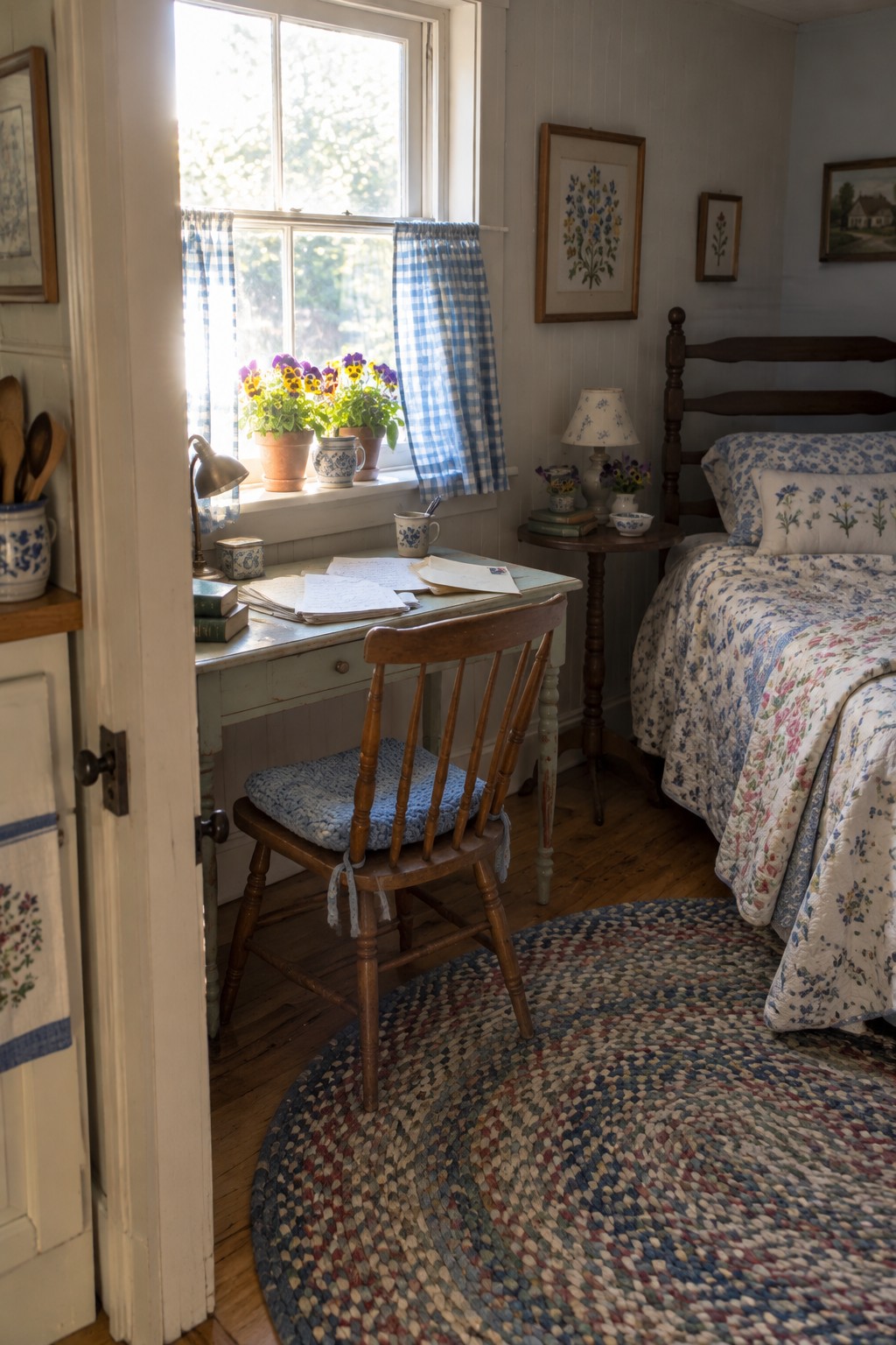 A light green wooden desk with a spindle chair sits under a multi-pane window with blue gingham curtains in a bedroom with a floral bed and braided rug.