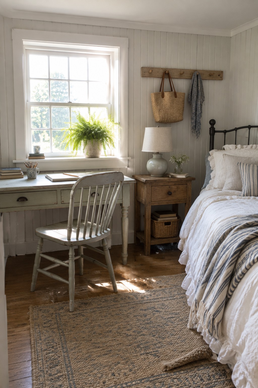 A white wooden desk with a spindle chair sits beneath a large window in a bedroom, next to a bed with white bedding and a wooden nightstand.