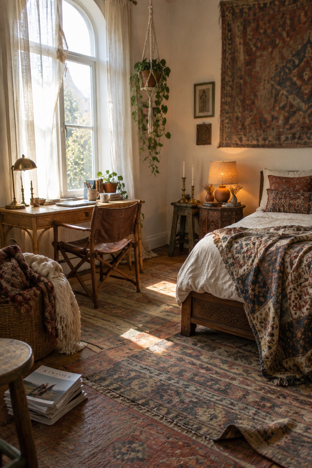 A bedroom interior showing a wooden desk with a brown leather chair placed beneath a large arched window, next to a bed with white linens and patterned textiles.