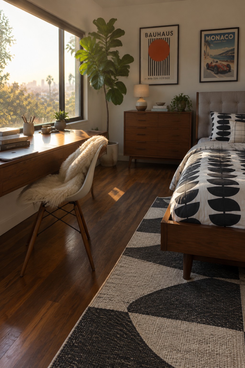 A bedroom with a wooden desk placed beneath a large window, a white chair with a sheepskin throw, a mid-century dresser, a bed with black and white patterned bedding, and two framed posters on the wall.