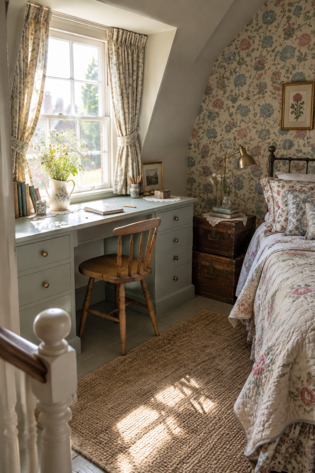 A light blue desk with a wooden spindle chair sits beneath a multi-paned window in a bedroom with floral wallpaper, a bed on the right, and vintage trunks stacked nearby.