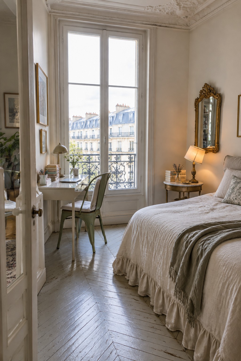 A bedroom interior with a white desk positioned under a tall window, a green metal chair at the desk, and a bed with light linens to the right.