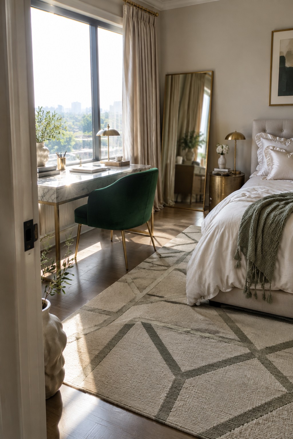A bedroom with a marble desk and green velvet chair positioned under a large window next to a bed with white bedding and a green throw.