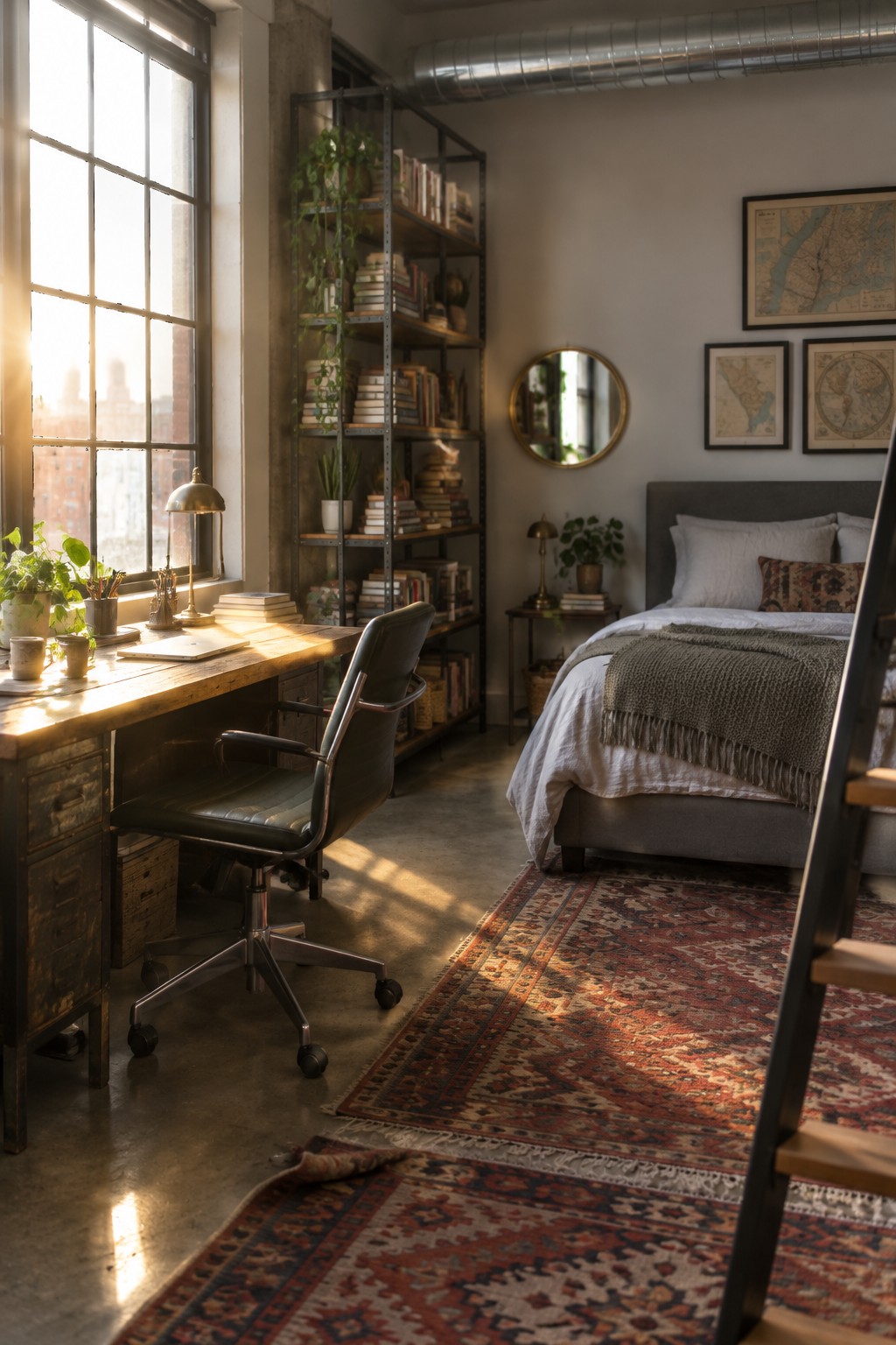 A bedroom interior showing a wooden desk with a black office chair placed directly beneath a large multi-pane window, with a bed visible to the right and layered rugs on the concrete floor.