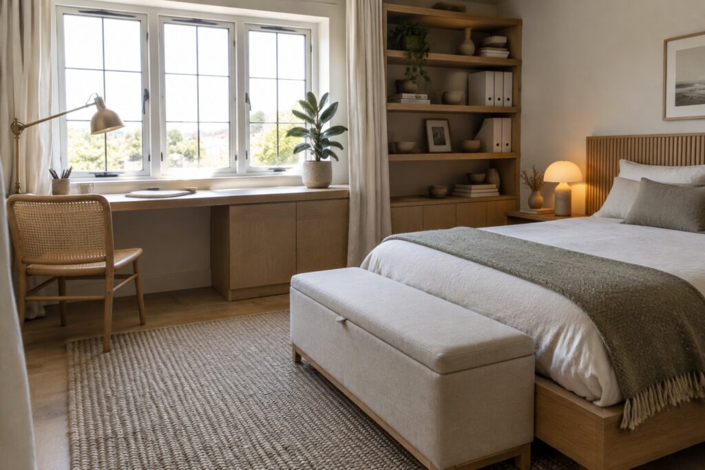 18 Bright Bedroom Offices With Desks Beneath Windows A light wood desk with a woven chair sits beneath a large multi-paned window in a bedroom, next to a bed with white linens and built-in shelving on the adjacent wall.