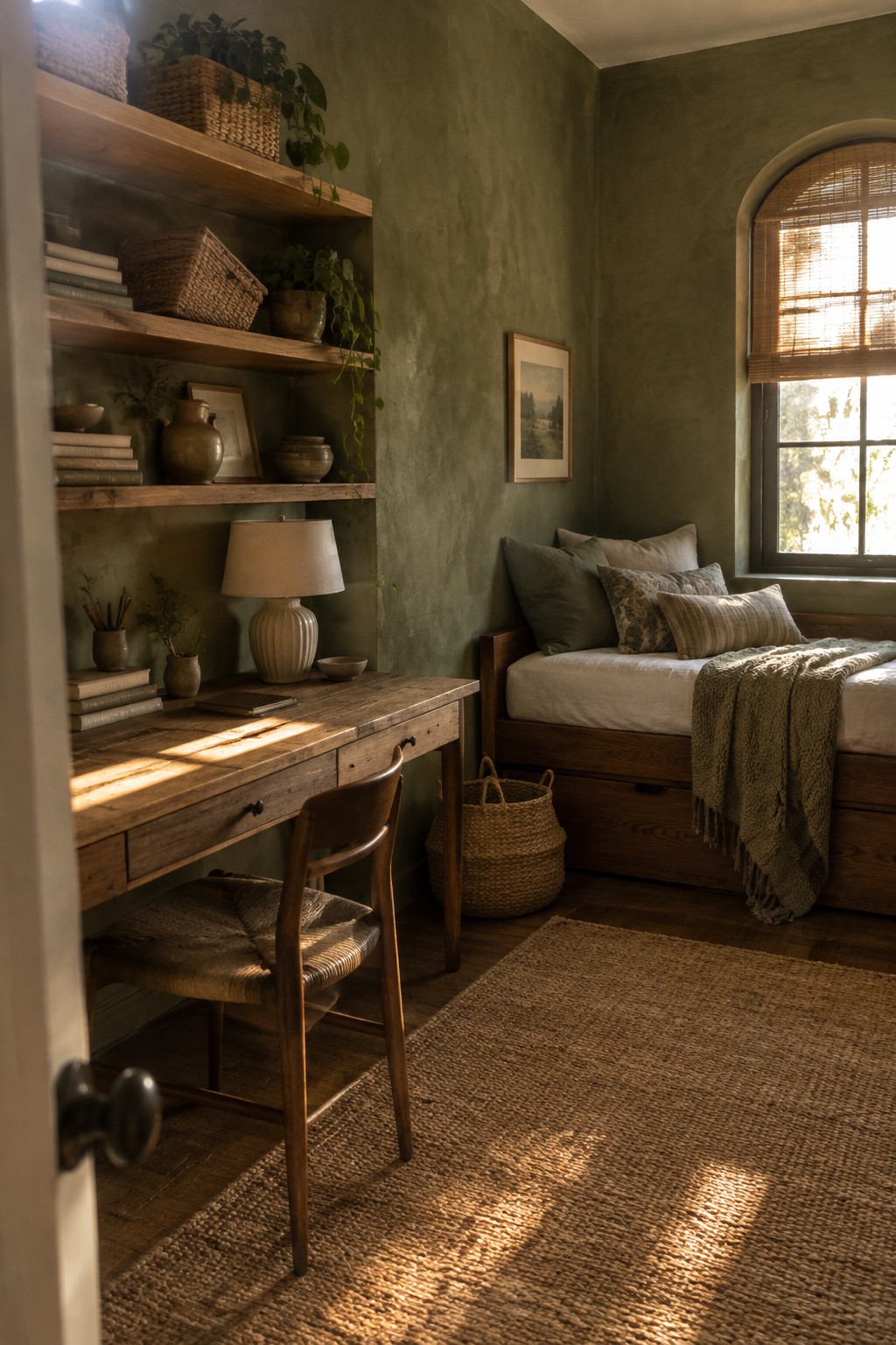 A green bedroom with a wooden desk and woven chair in front of built-in wooden shelves, a wooden bed with pillows beside an arched window, and woven rugs on the floor.