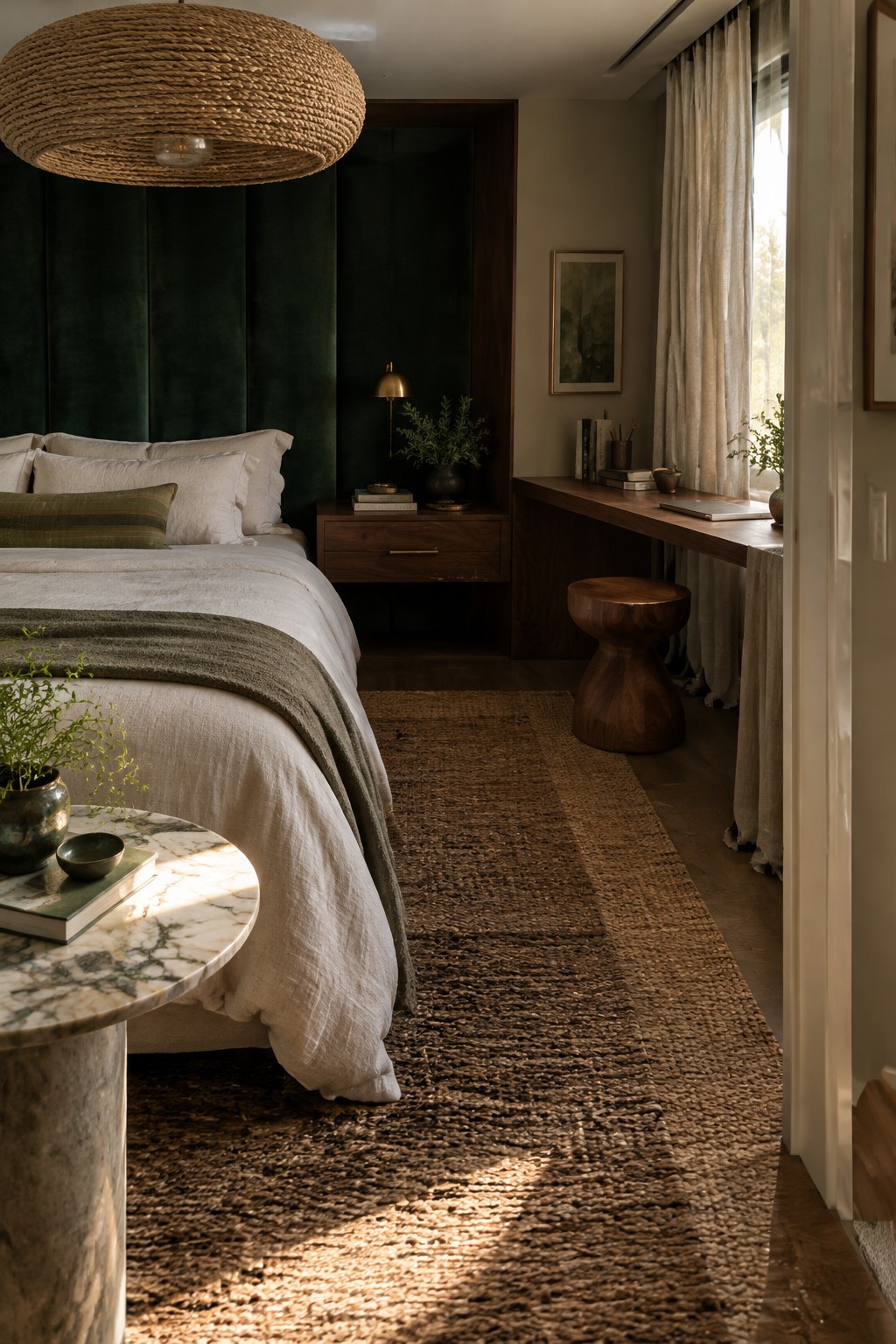 A bedroom with a bed against a green velvet headboard wall, a wooden desk with stool to the right, and a round marble side table in the foreground.