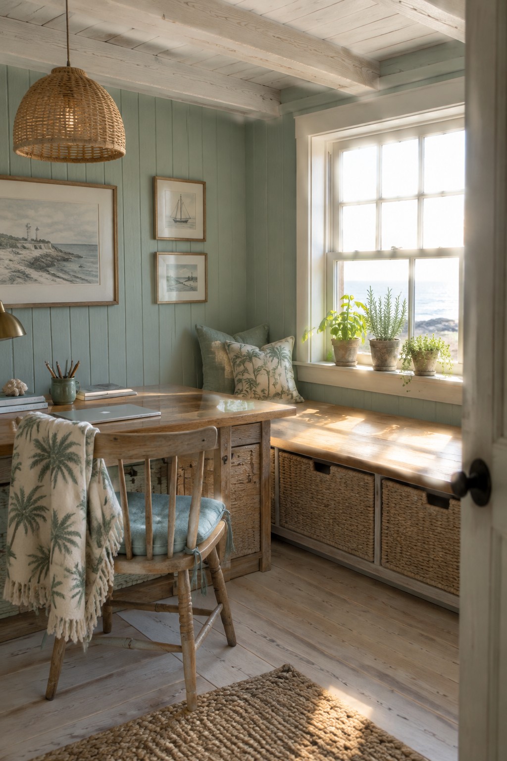 A small interior room with sage green vertical paneling, a wooden desk and spindle chair, a window seat with woven baskets below, and framed art on the wall.