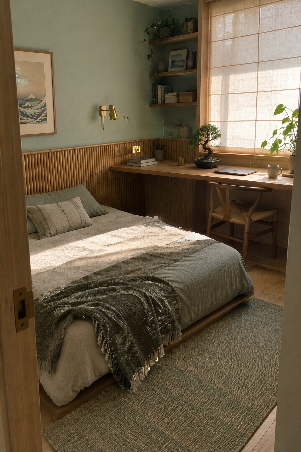 Serene bedroom with low wooden bed, desk, bonsai, shelves, and wave artwork.