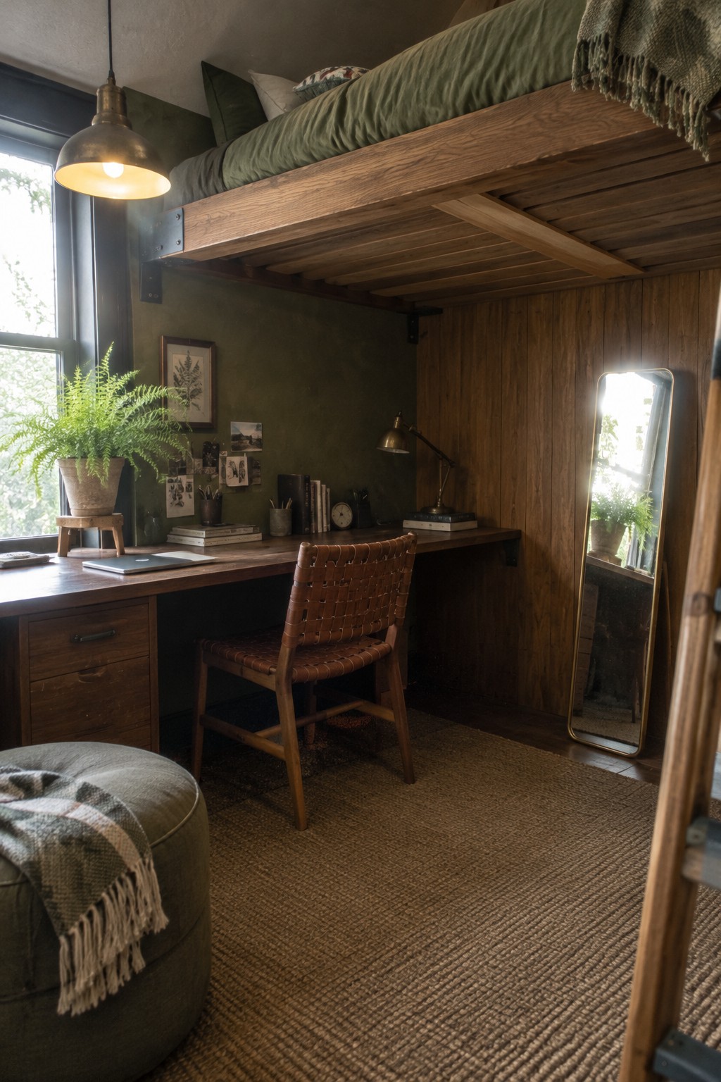 Cozy rustic loft bed above wooden desk with woven leather chair, fern, and mirror.
