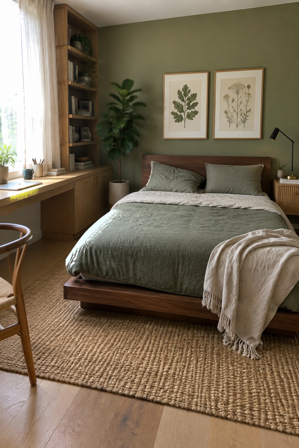 Cozy bedroom with wooden bed, green bedding, botanical prints, and woven rug.