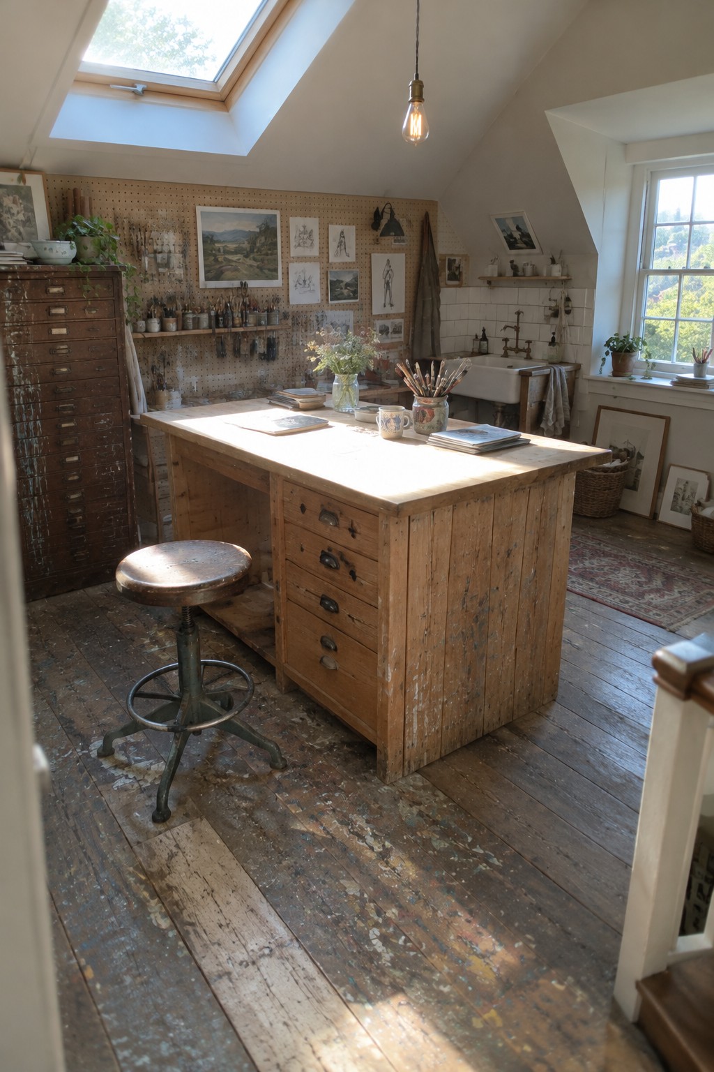 Sunlit rustic artist's studio with wooden workbench, stool, pegboard, and paint-splattered floor