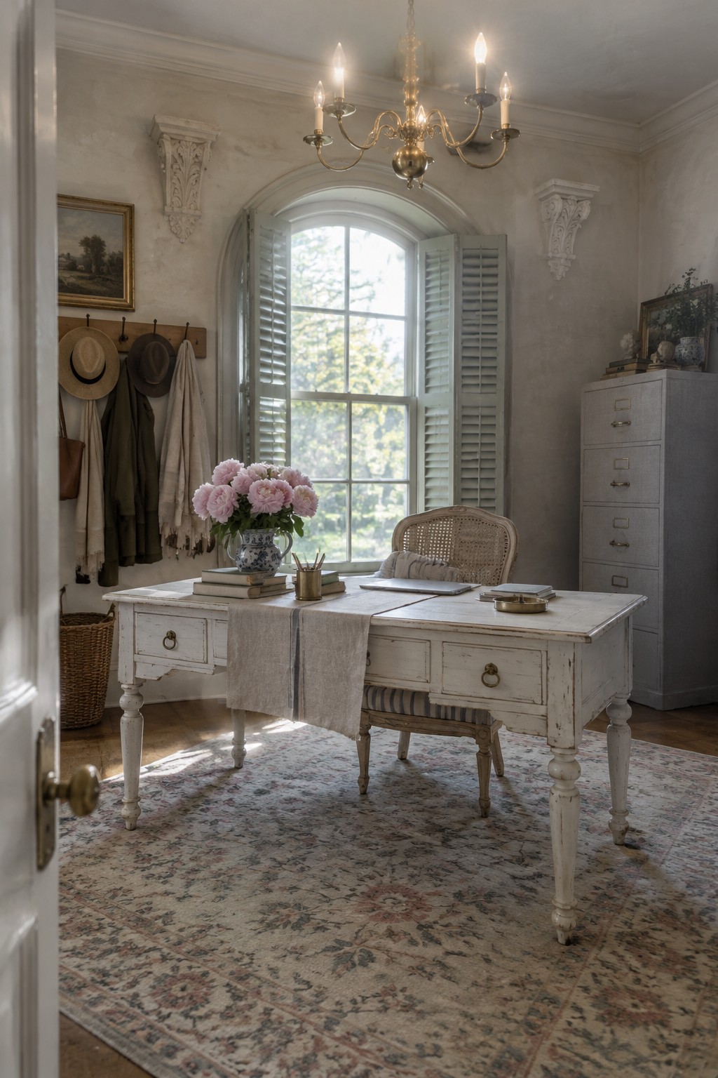 A white distressed desk centered on a large patterned rug in a home office, positioned in front of a tall window with shutters.
