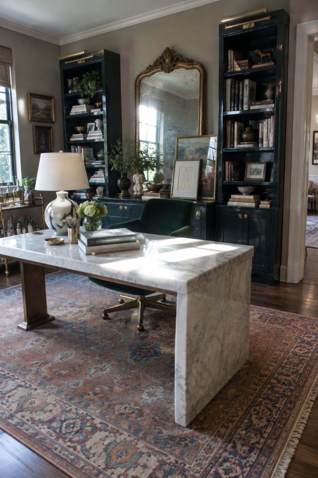 A home office featuring a large white marble desk centered on a patterned rug, with dark built-in bookshelves on both sides and a green velvet chair behind it.