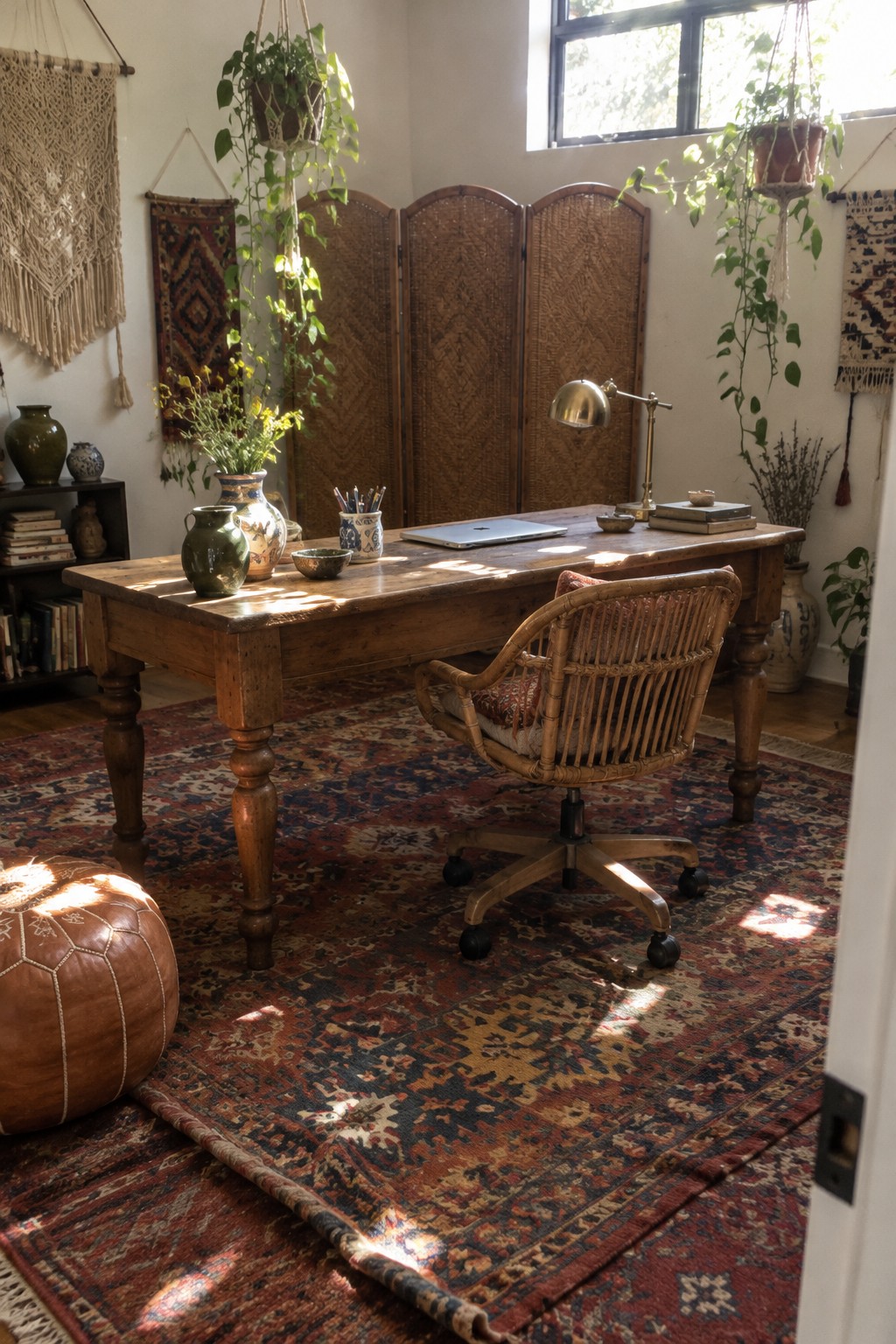 A wooden freestanding desk with a laptop sits centered on a large patterned rug in a home office, with a woven chair pulled up to it and plants and textiles on the surrounding walls.