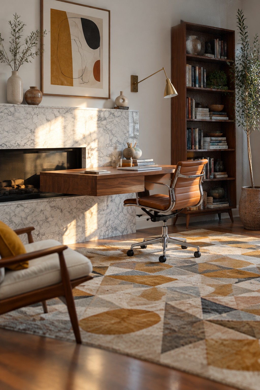 Modern office with floating wood desk, leather chair, geometric rug, and marble fireplace.