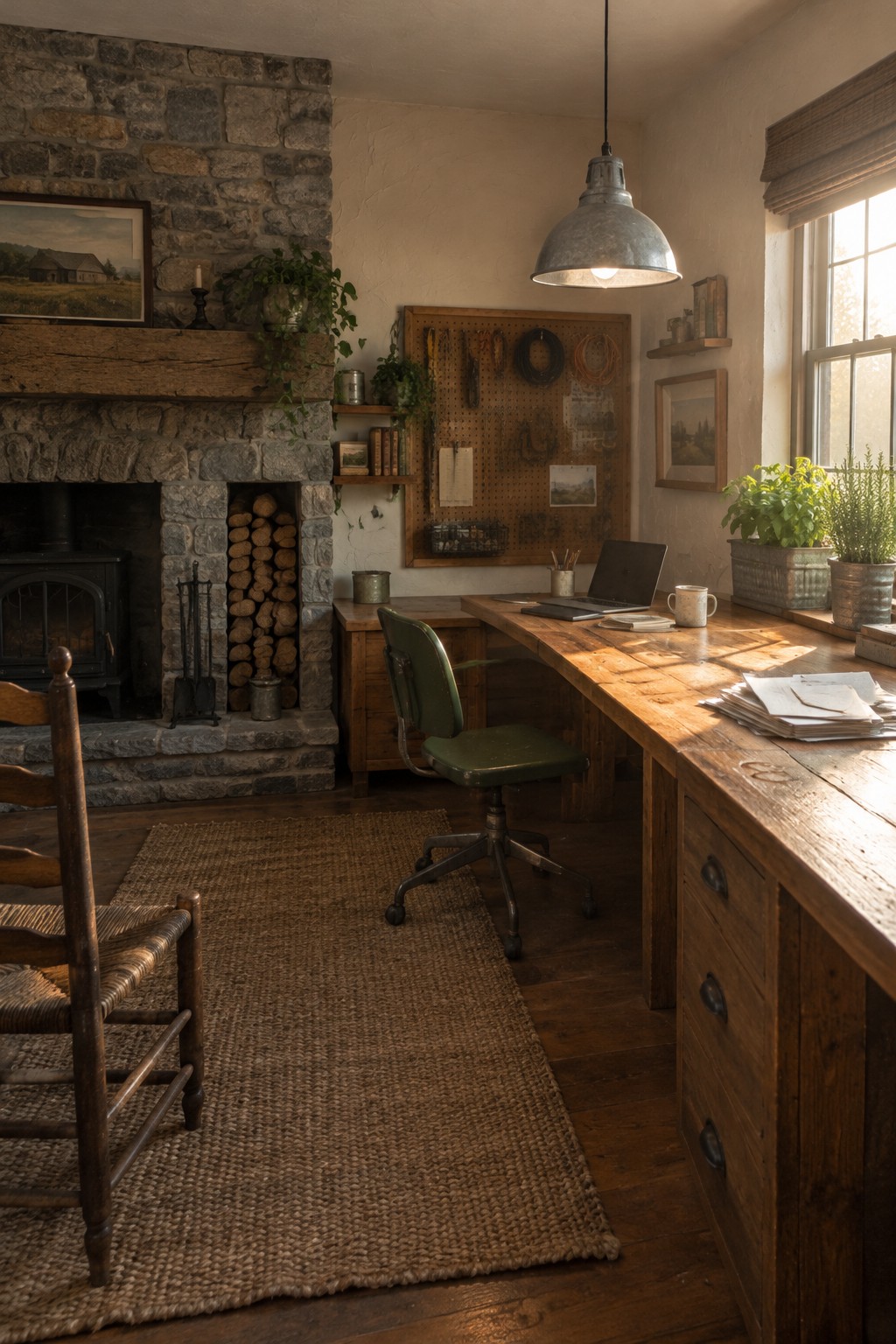 A rustic home office with a long wooden desk next to a stone fireplace, a green office chair, and a pegboard mounted on the wall.