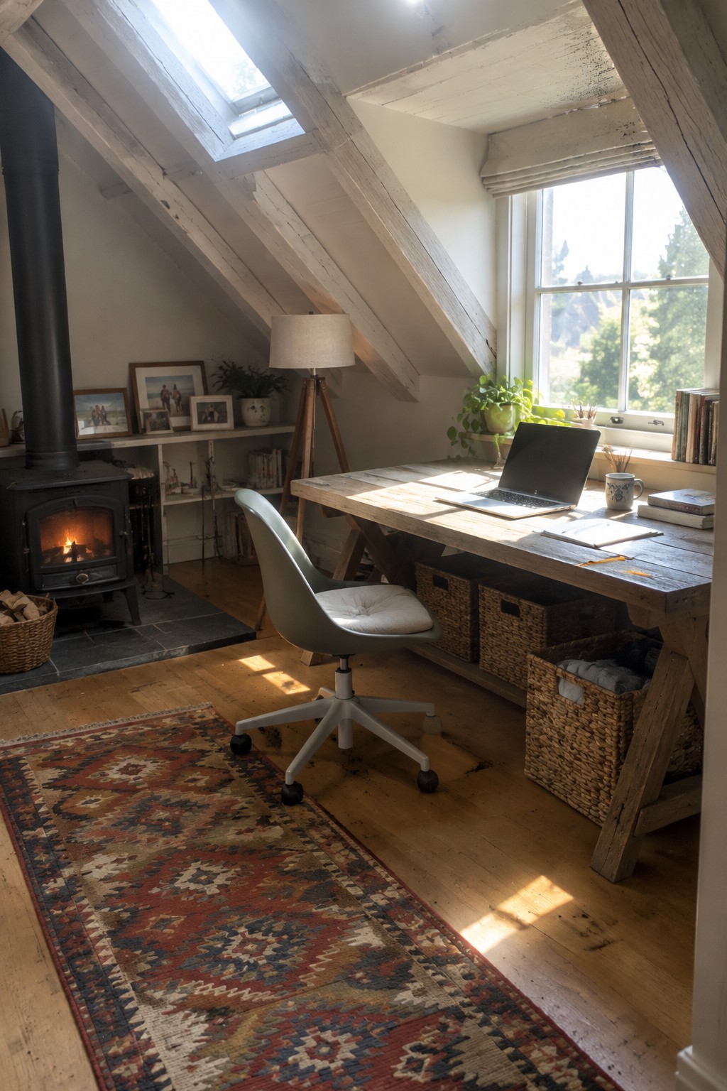 An attic home office featuring a wooden desk with laptop and chair positioned near a window, with a black wood-burning stove on the left side and a colorful rug on the floor.