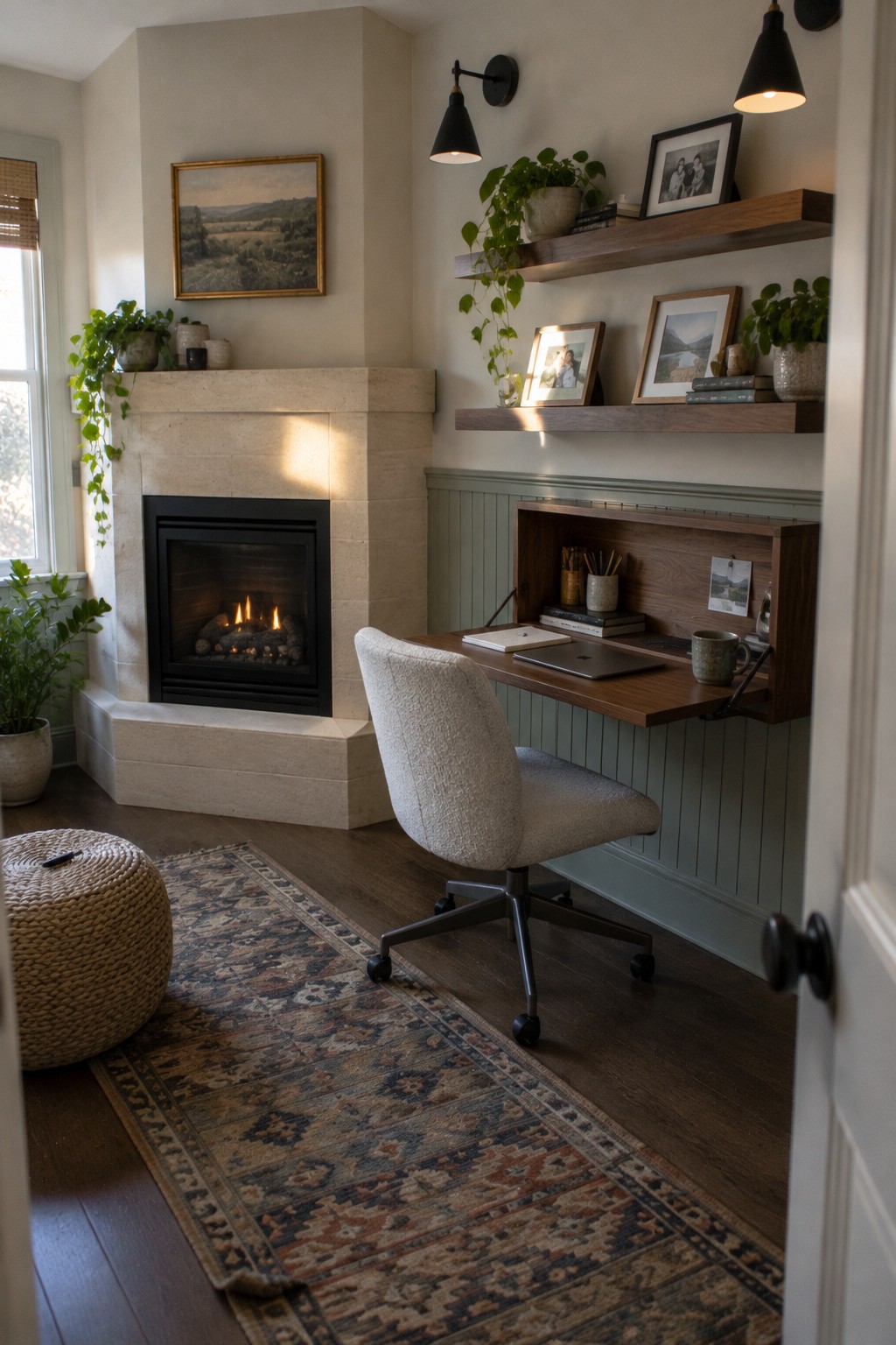 A home office interior showing a stone fireplace with a lit fire on the left and a wall-mounted wooden desk with laptop and chair on the right, set on a patterned rug.