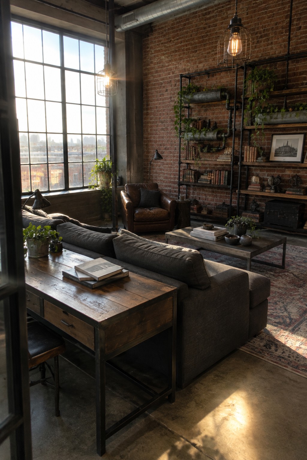 Industrial living room with a gray fabric sofa, wooden desk positioned directly behind it, exposed brick wall, large black-framed window, and metal pipe shelving.