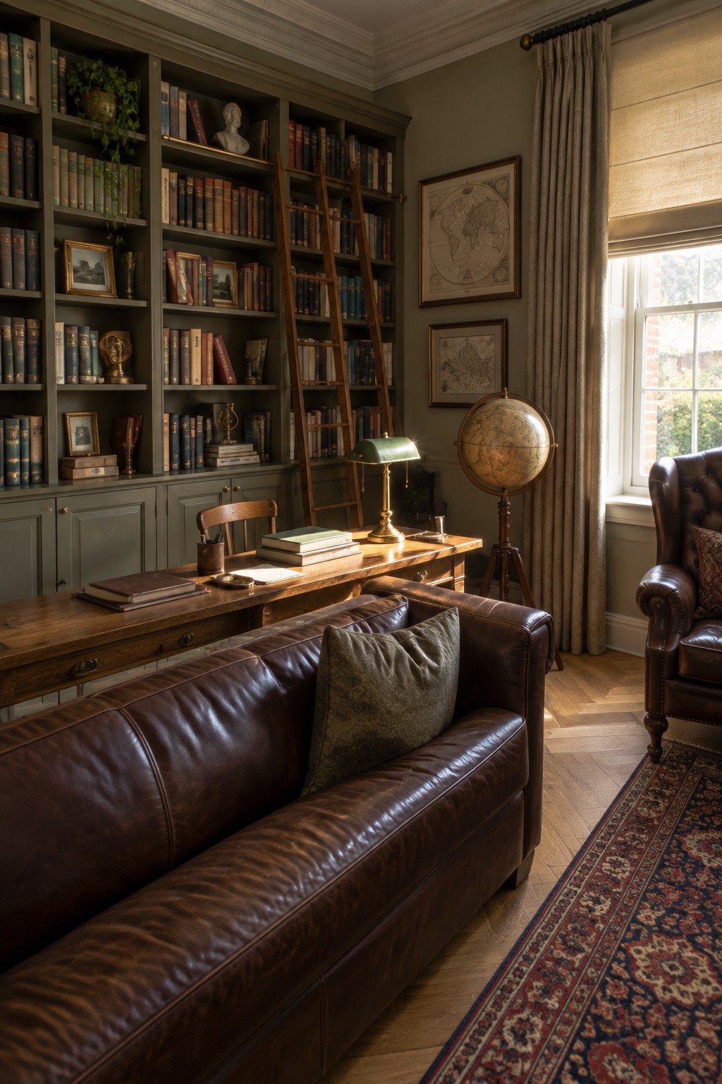 A living room interior showing a brown leather sofa positioned in front of a wooden desk, with built-in green bookshelves, a globe, and a window with curtains.