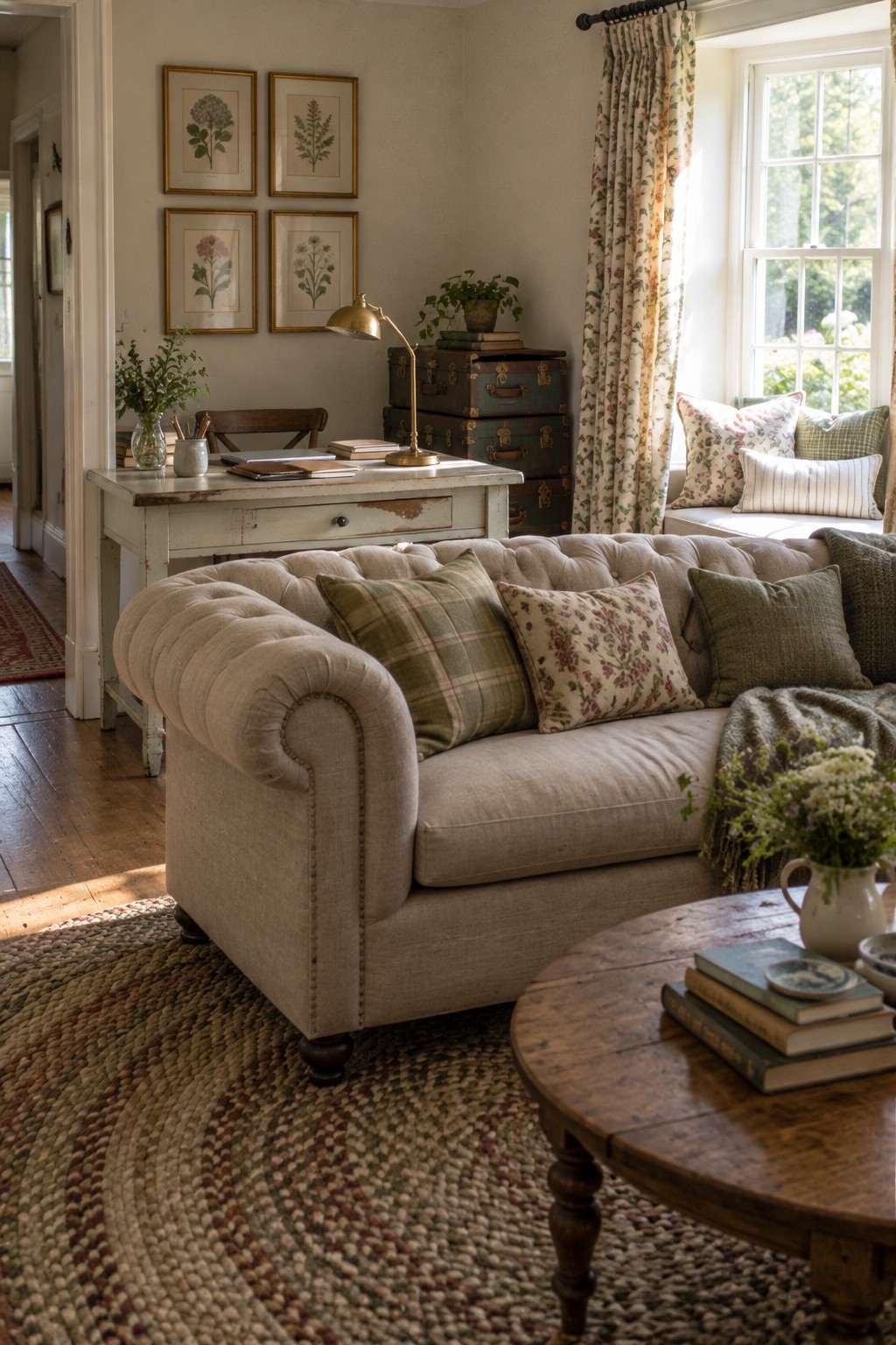 Cozy beige tufted sofa with plaid pillows beside round wooden table in sunlit cottage room