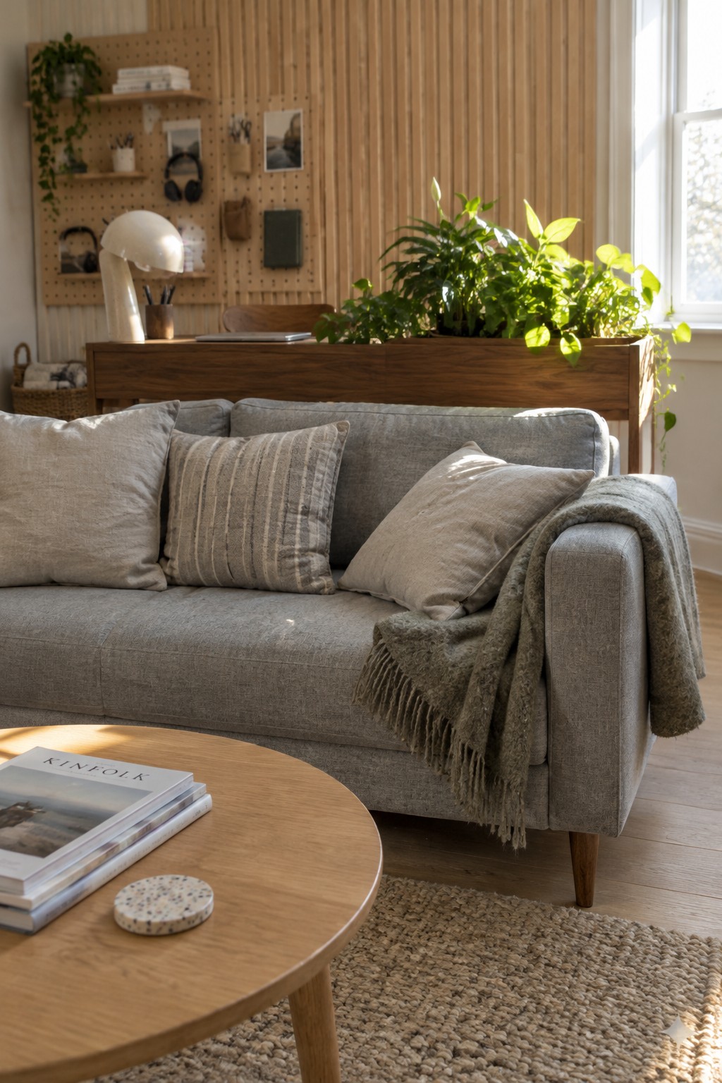 A gray fabric sofa with neutral pillows and a green throw faces a round wooden coffee table, with a wooden desk and pegboard visible directly behind it in a sunlit room.