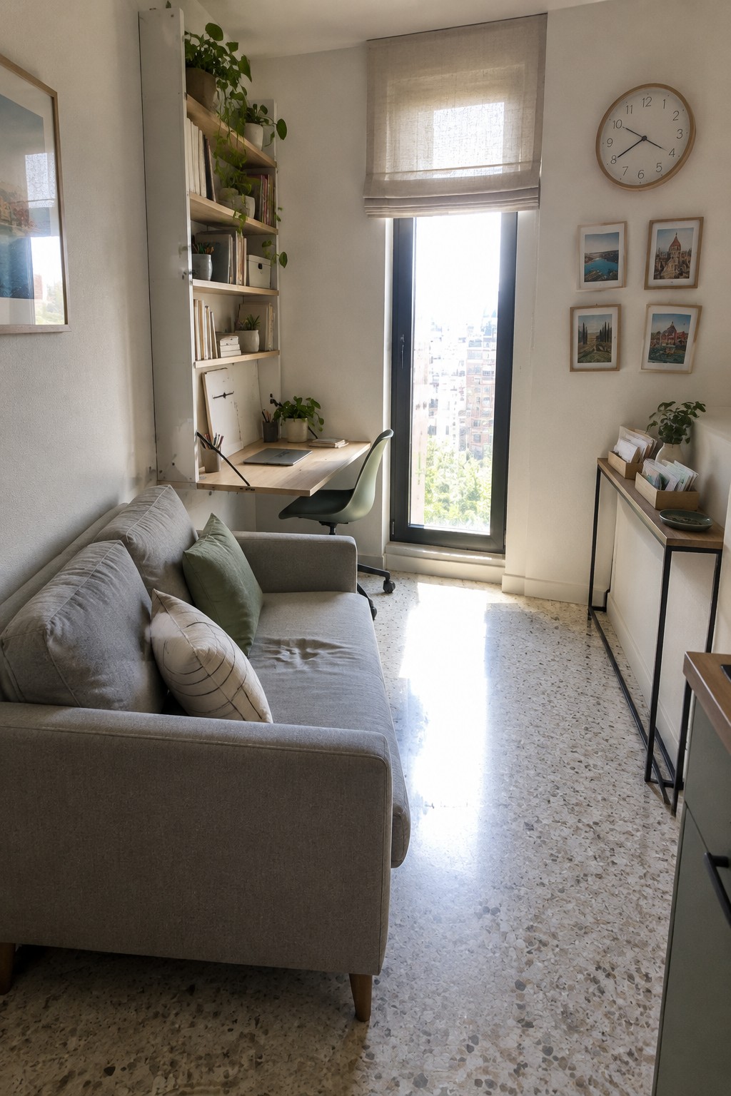 A living room showing a gray sofa with a wooden desk and green chair positioned directly behind it near a large window, with built-in shelves holding books and plants above the desk.