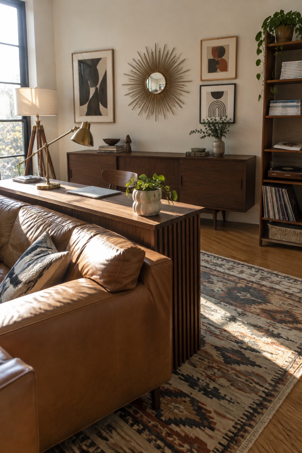 A living room interior showing a brown leather sofa with a long wooden desk positioned directly behind it, a laptop and desk lamp on the desk surface, and a wooden credenza against the wall.
