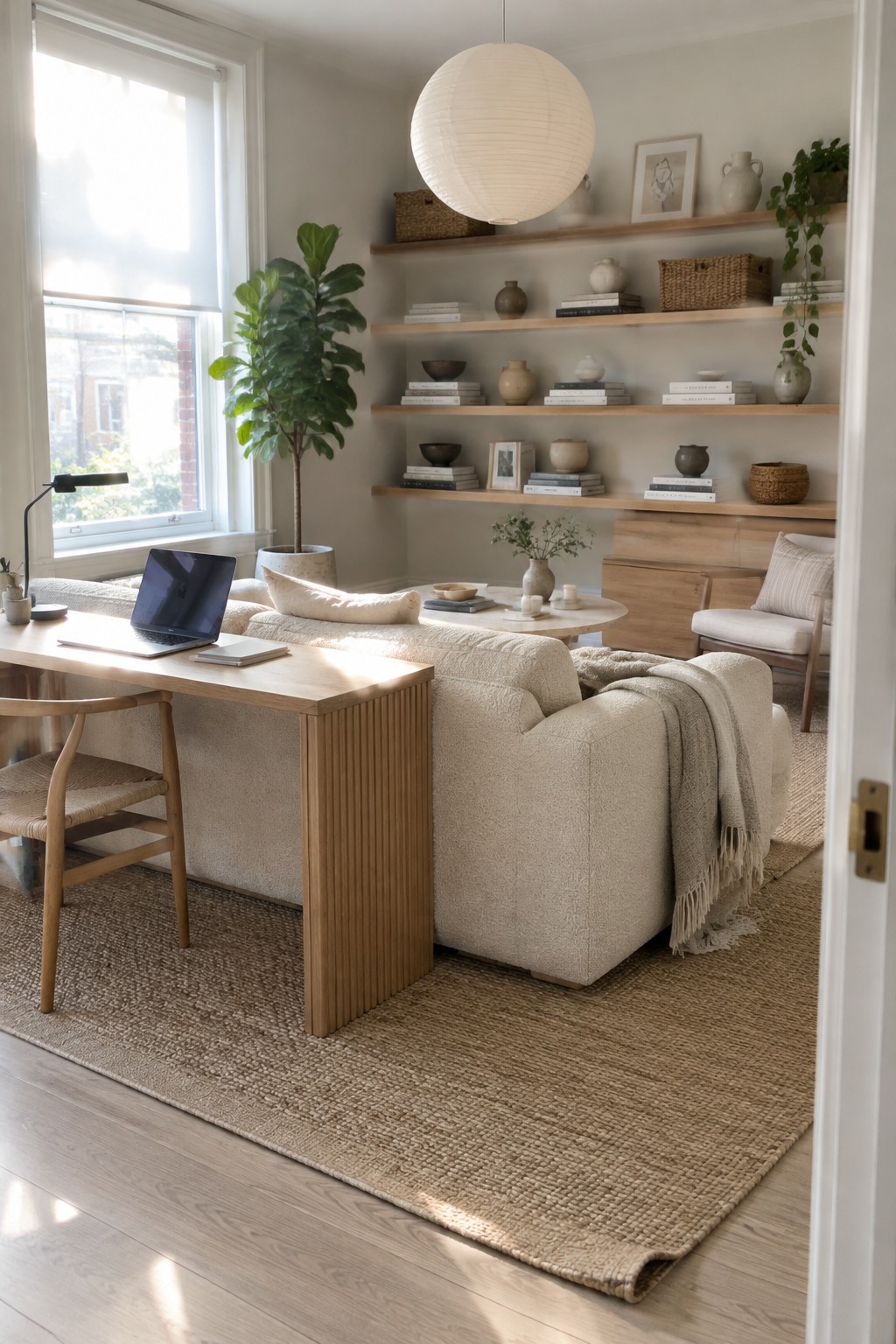 A living room with a beige sectional sofa, a light wood desk with a laptop positioned behind it, floating shelves holding books and pottery, a fiddle leaf fig plant, and a large window with sunlight.