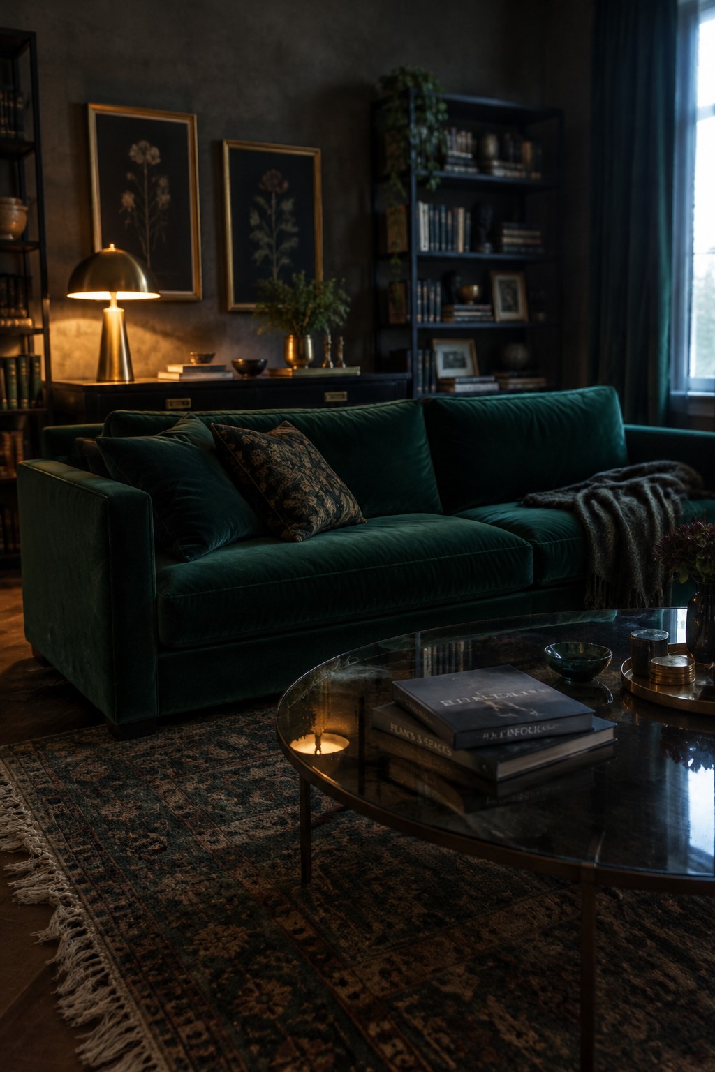 A living room featuring a dark green velvet sofa positioned in front of a long dark console table with a lit lamp, books, and framed botanical prints on the wall above.