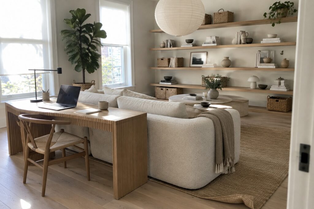 A living room with a beige sectional sofa, a light wood desk with a laptop positioned behind it, floating shelves holding books and pottery, a fiddle leaf fig plant, and a large window with sunlight.