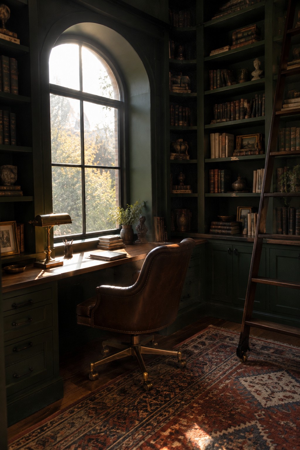 A home office with dark green walls, built-in bookshelves surrounding a large arched window, a wooden desk, and a brown leather office chair on a patterned rug.
