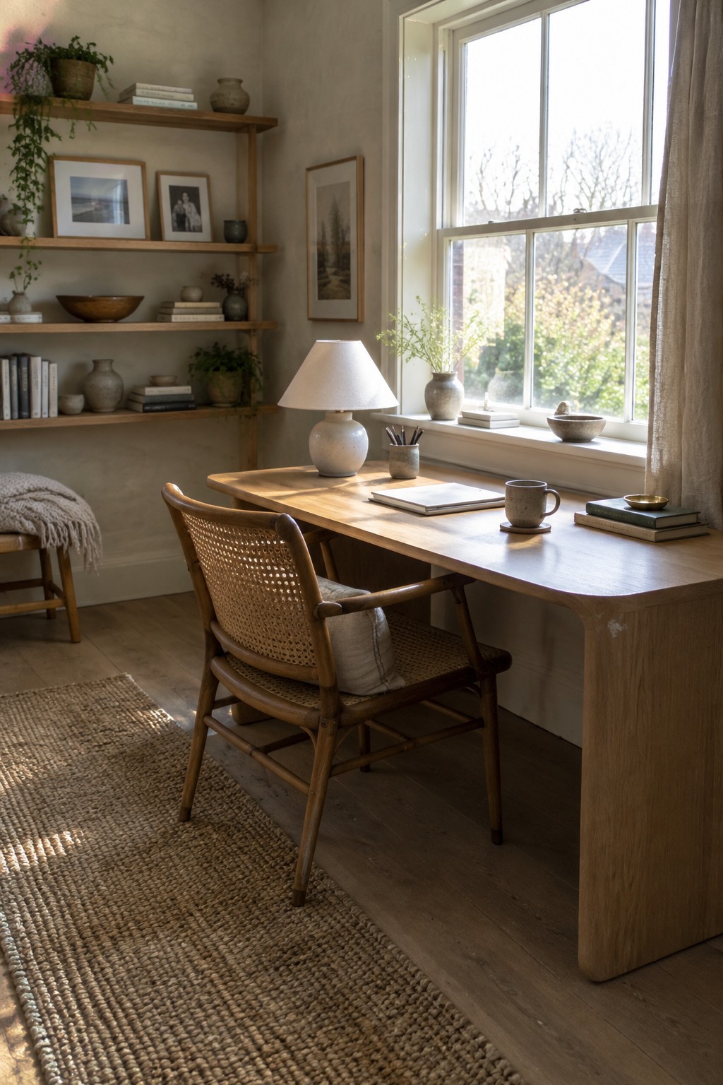 Wooden desk with cane-back chair by sunlit window and shelves of books and plants.