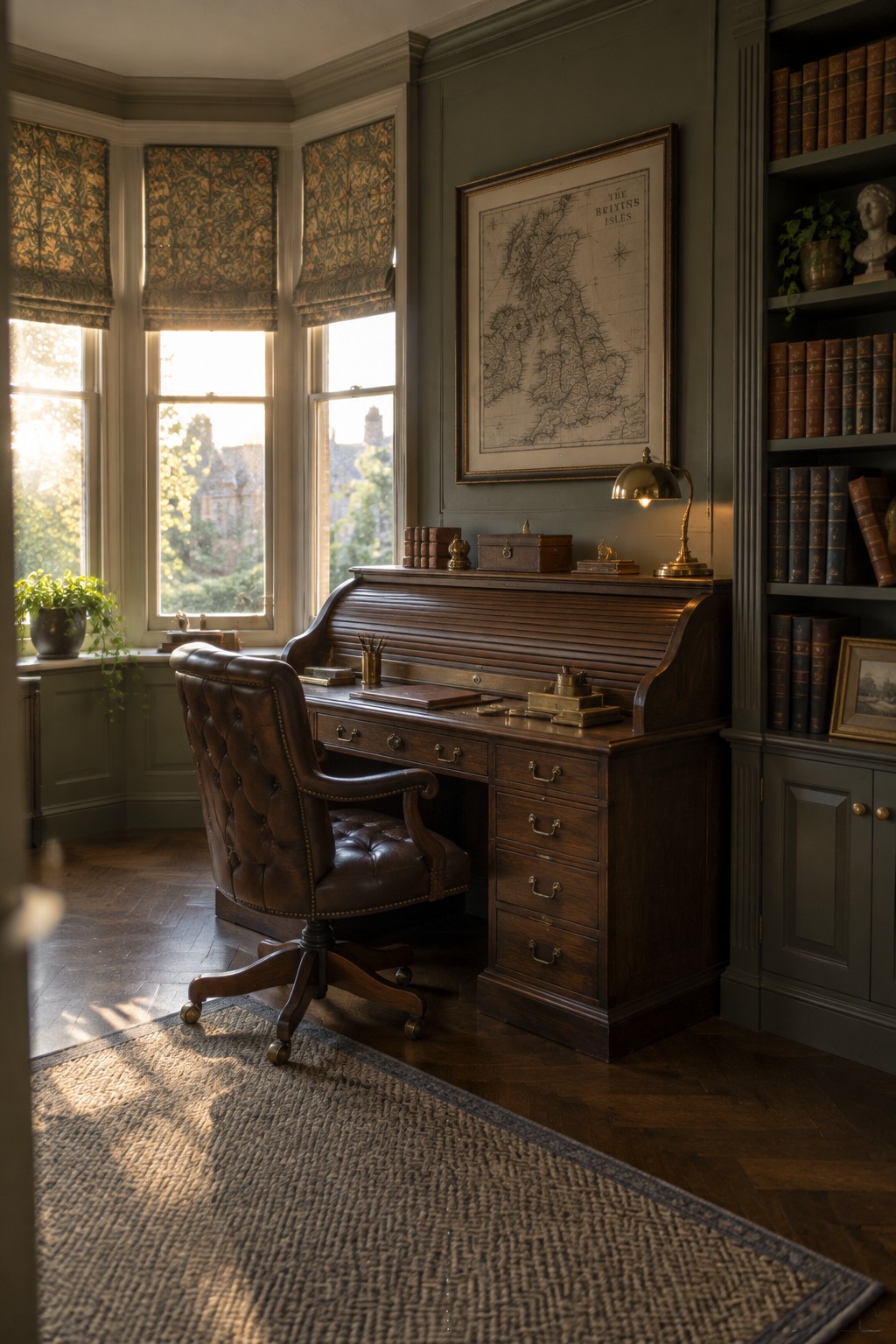 A dark wood roll-top desk with a brown leather office chair sits in front of three large windows fitted with patterned fabric shades in a traditional home office with green walls and built-in bookshelves.