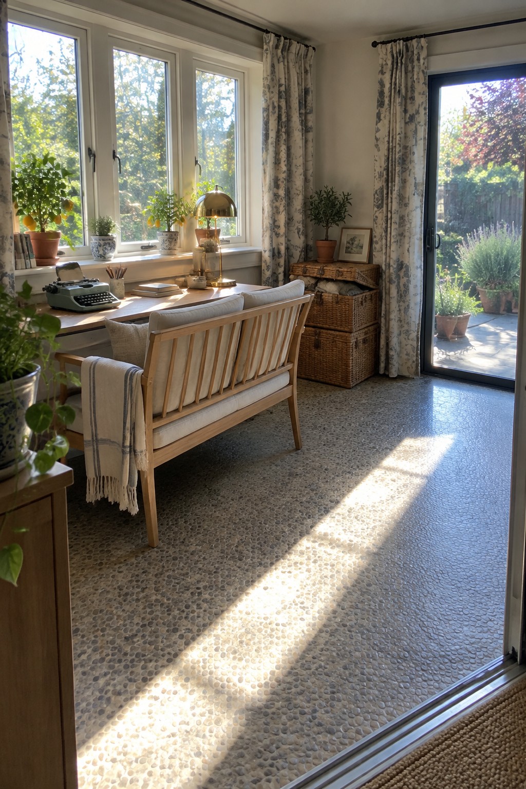 A home office interior with a wooden desk and bench placed beneath three large windows, a glass door to the patio on the right, and woven storage baskets along the wall.