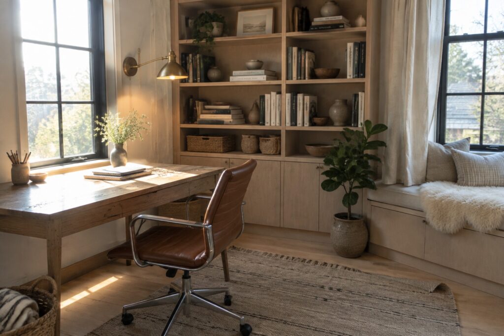 A wooden desk with a brown leather swivel chair is positioned in front of a large window, next to built-in bookshelves filled with books, vases, and plants.