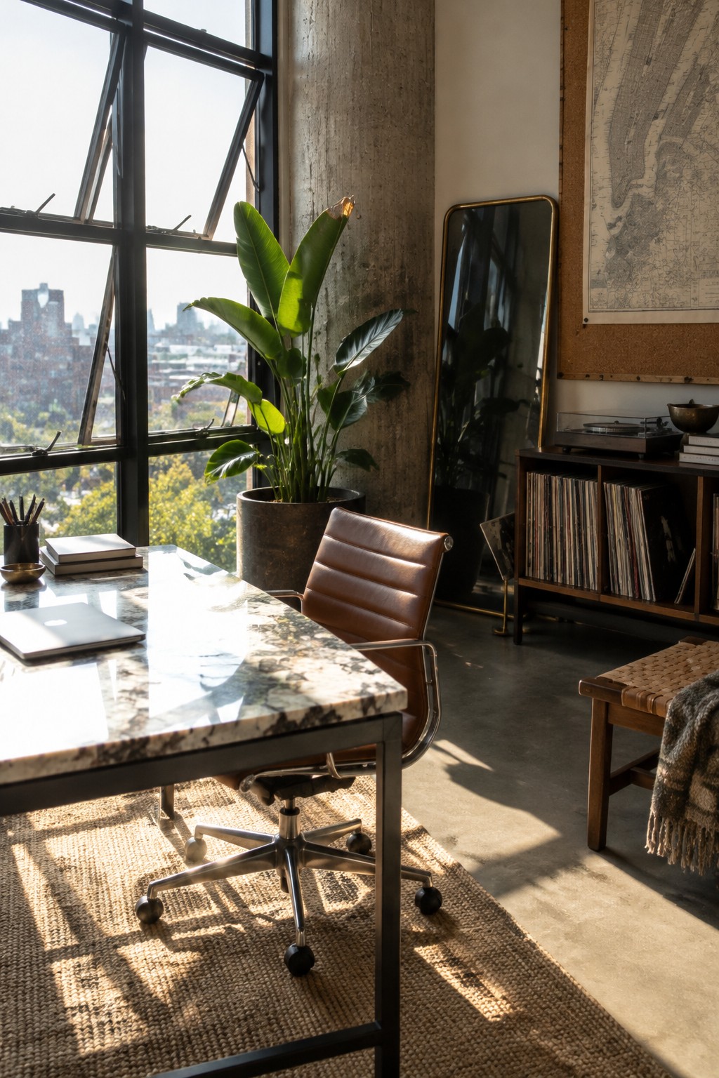 A home office with a marble desk and brown leather chair positioned on a large woven rug in front of a tall black-framed window.