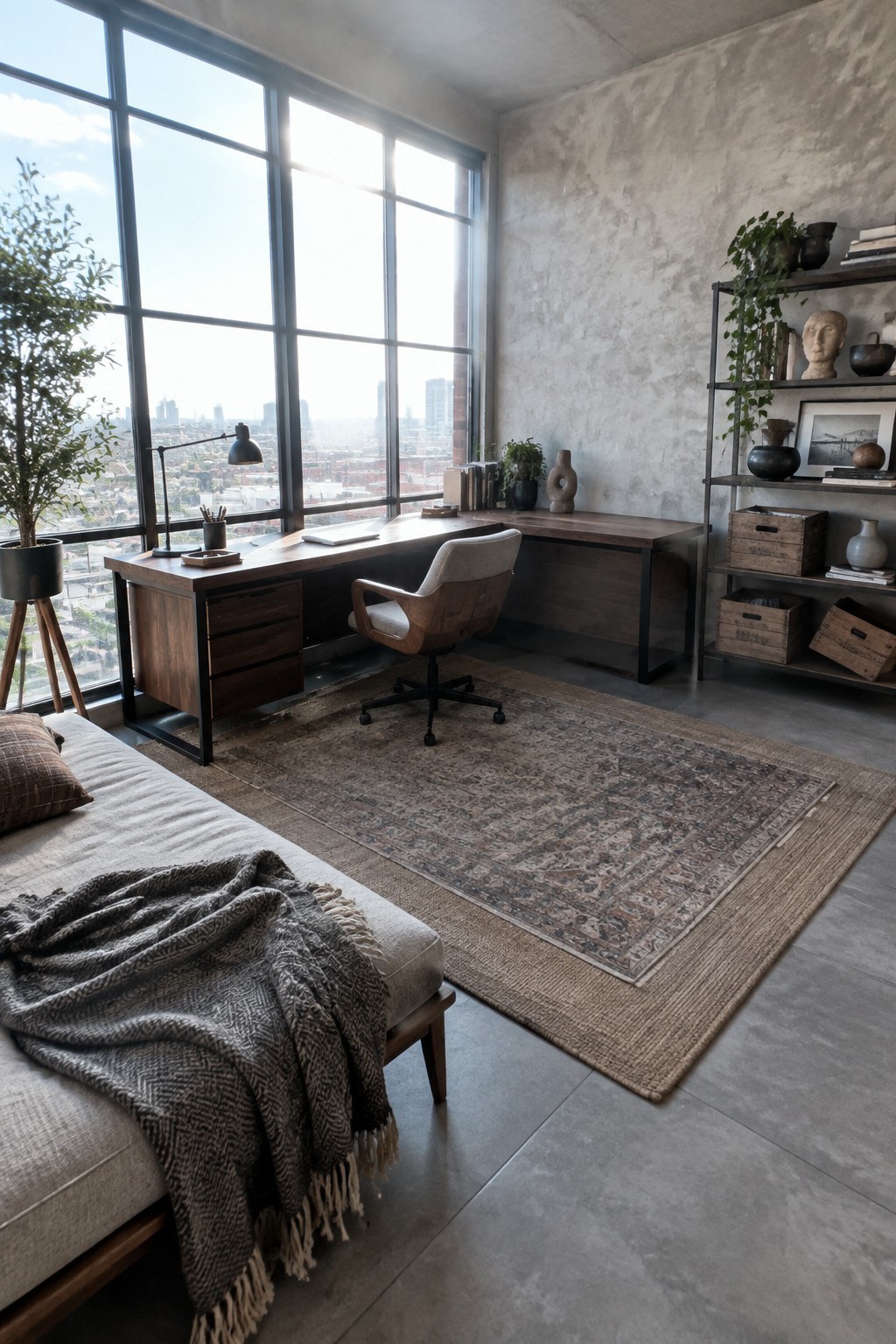 A modern home office featuring a wooden desk and upholstered chair placed directly in front of large black-framed windows overlooking a city skyline, with a patterned area rug and a daybed with a gray throw blanket in the foreground.