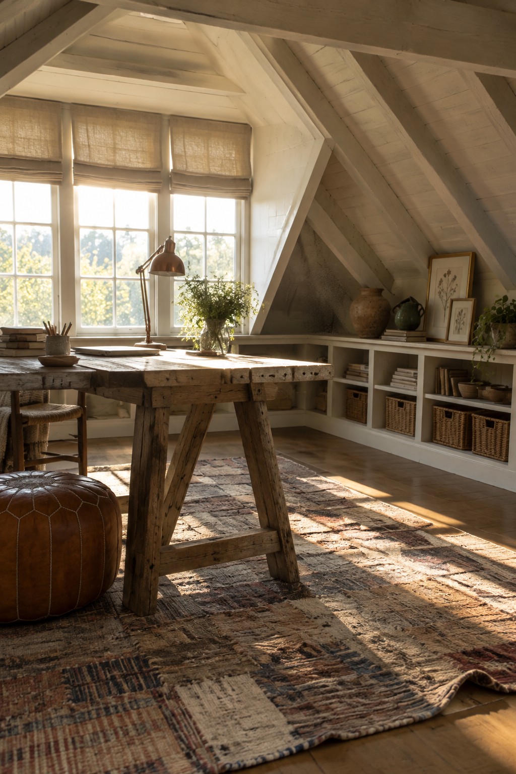 A large rustic wooden desk sits beneath three big windows in an attic office with sloped ceilings, white built-in shelves, and a patterned rug on the floor.